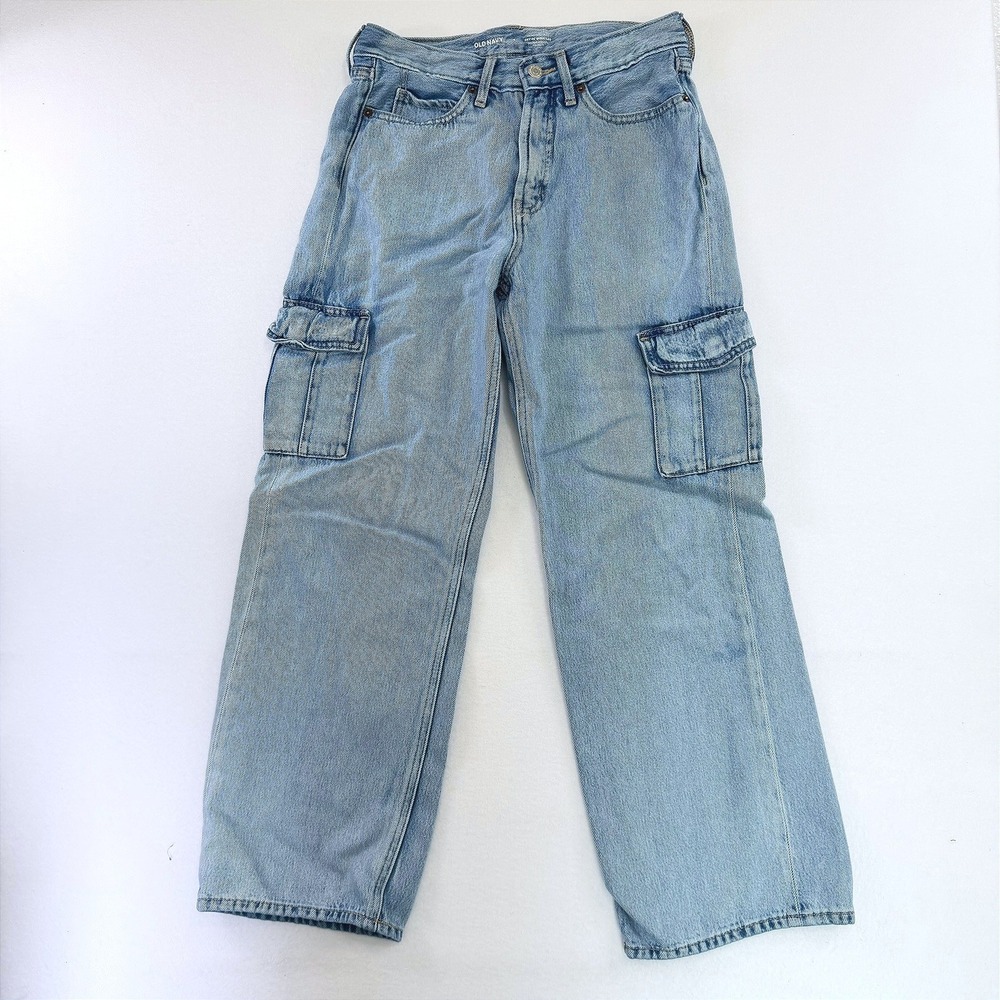 Old Navy Extra High-Rise Sky-Hi Wide-Leg Cargo Jeans Light Wash Blue Size 4